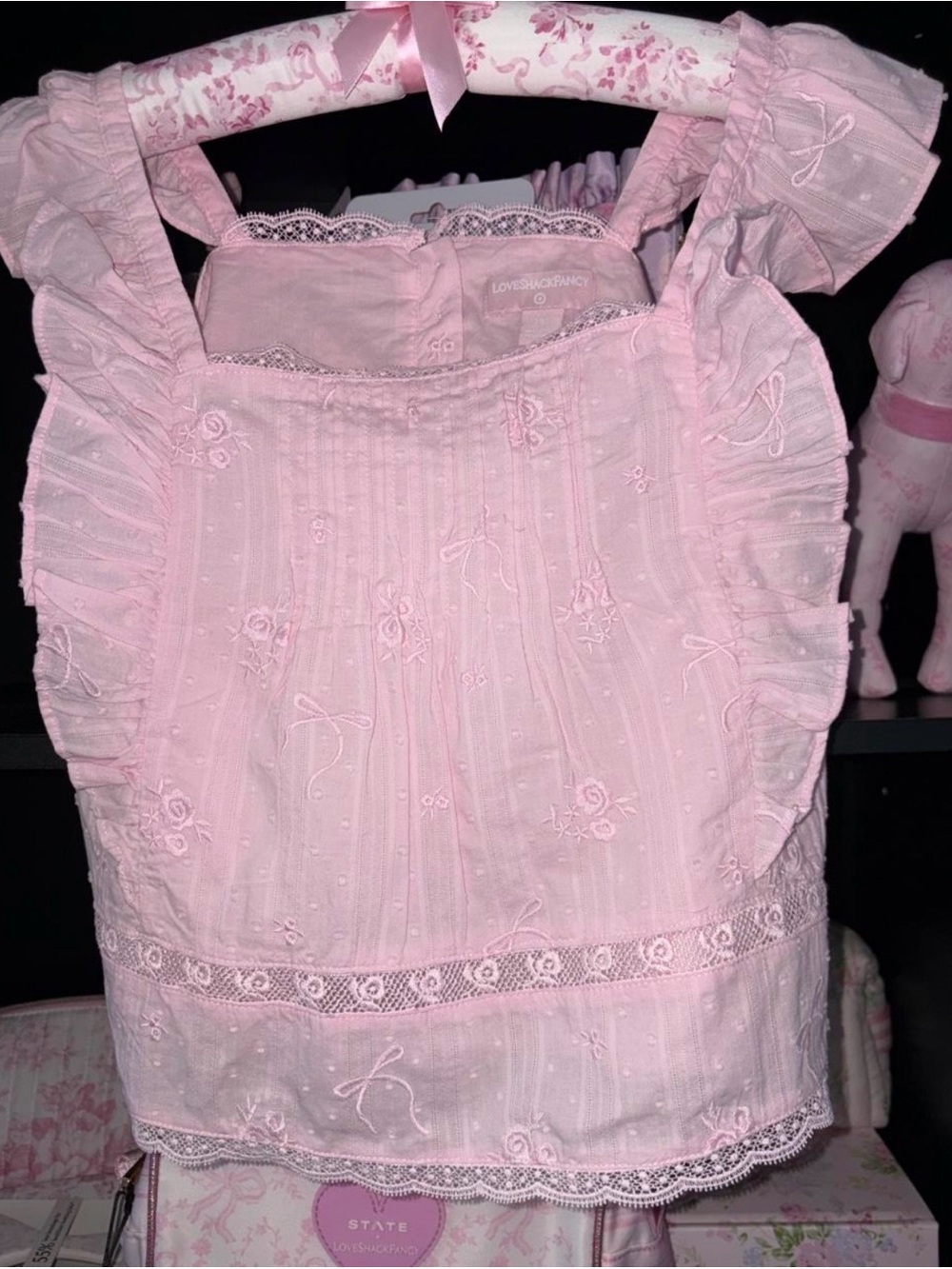 LoveShackFancy pink embroidered ruffle tank top